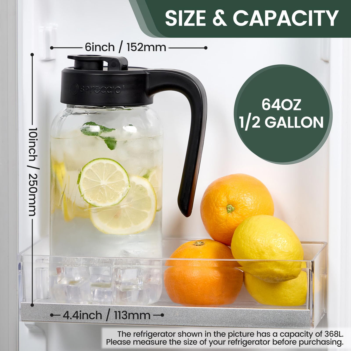 Spreccio Mason Jar Pitcher, 64 oz (2 quart), Glass Pitcher with Lid