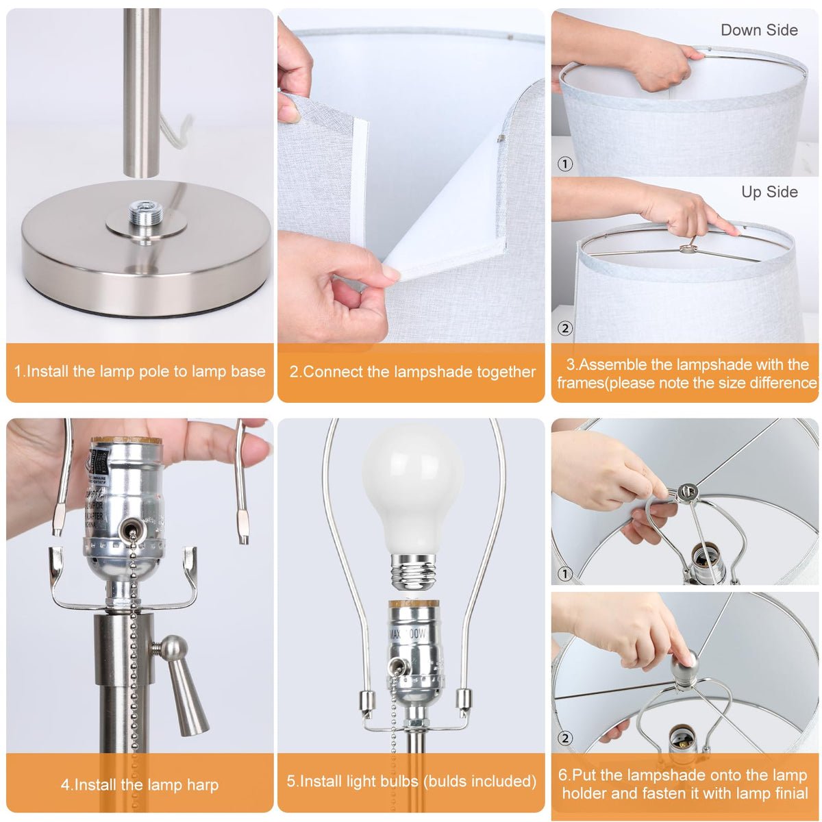 JUNNAI Table Lamps Set of 2, Bedside Lamp Silver Tall Table Lamps for Living Room End Tables, 22" to 30" Adjustable Height Lamp for Bedroom Nightstand Farmhouse with Pull Chain(Bulbs Included)
