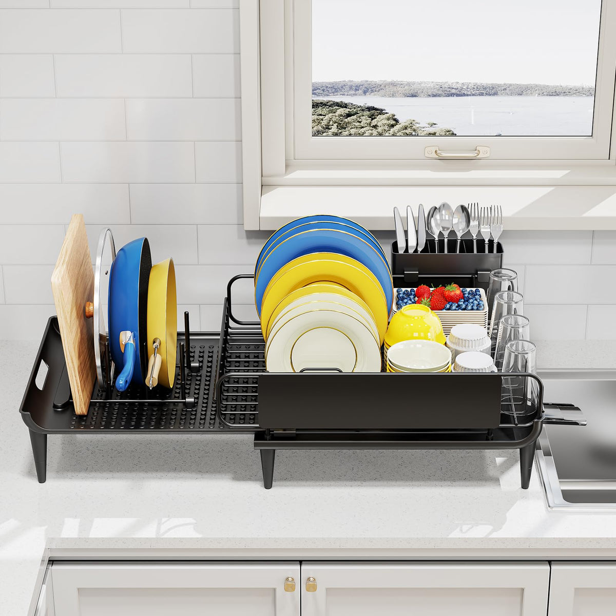 Urackify Expandable Dish Drying Rack for Kitchen Counter with Drainboard