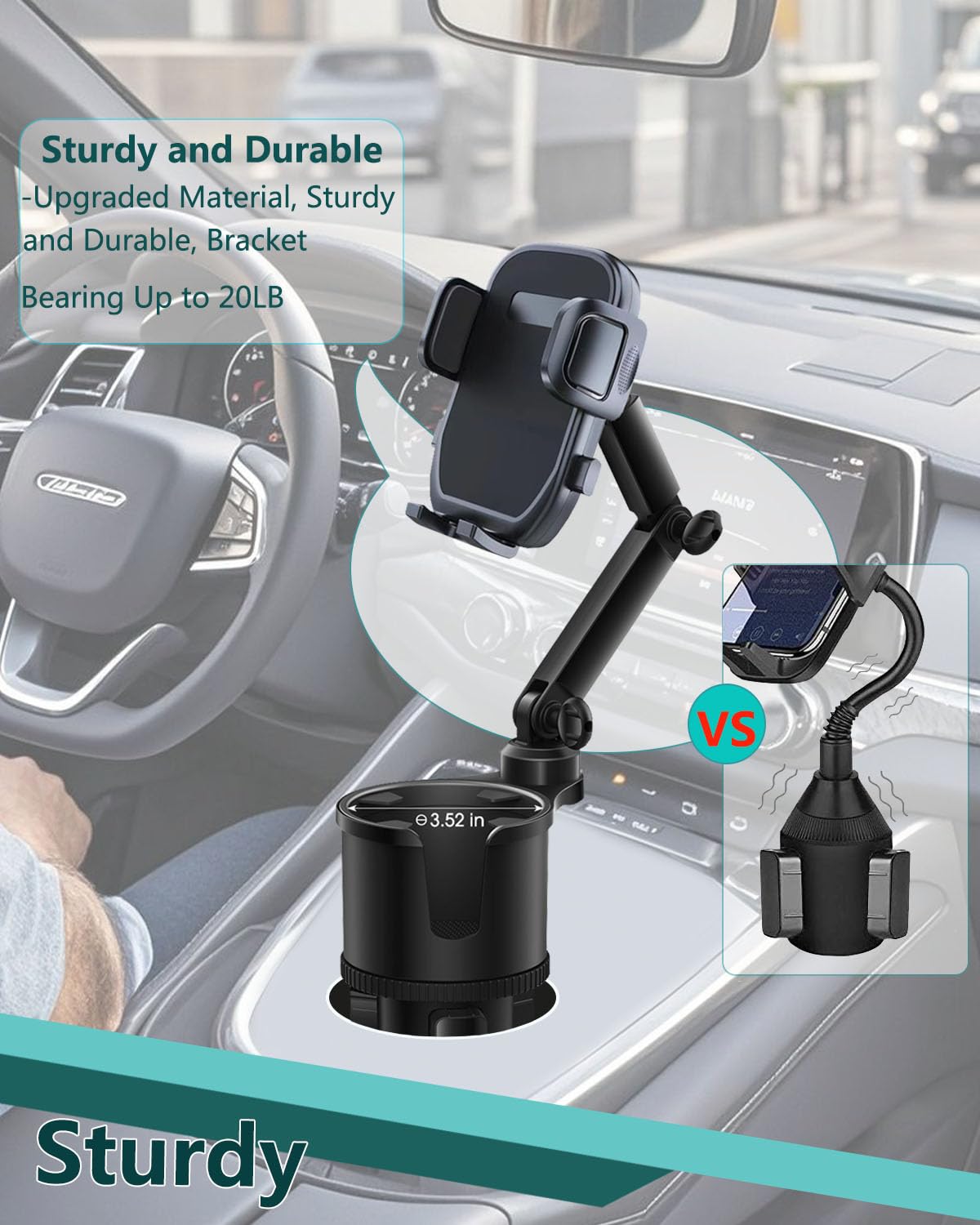 Easkkty 2-in-1 Cup Phone Holder for Car, 360° Adjustable Car Phone Mount