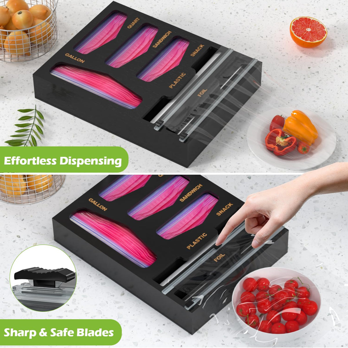 LUYABA 6 in 1 Bamboo Bag Organizer and Wrap Dispenser with Cutters, Black