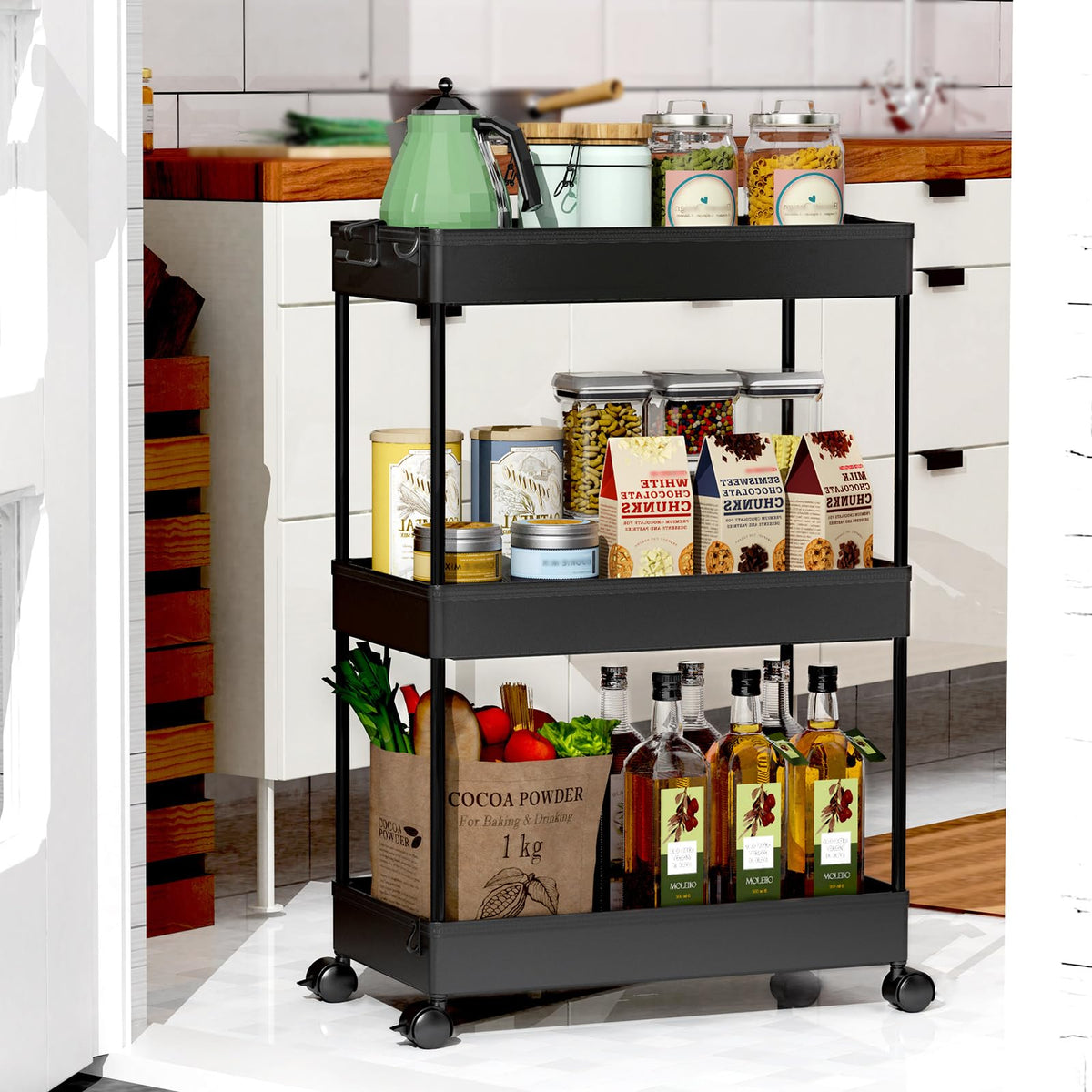 SPACEKEEPER 3 Tier Rolling Cart, Bathroom Cart Organizer with Wheels, Black