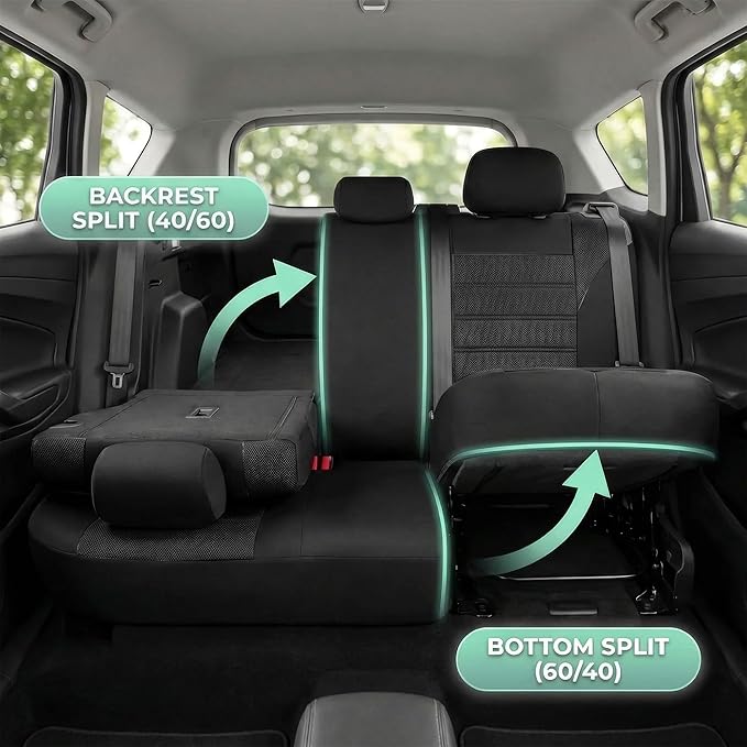 FH Group Automotive Car Seat Covers Full Set Premium 3D Air Mesh Front Seat Covers, Airbag Compatible & Split Bench Cover Universal Fit Interior Accessories for Cars Trucks and SUVs - Black