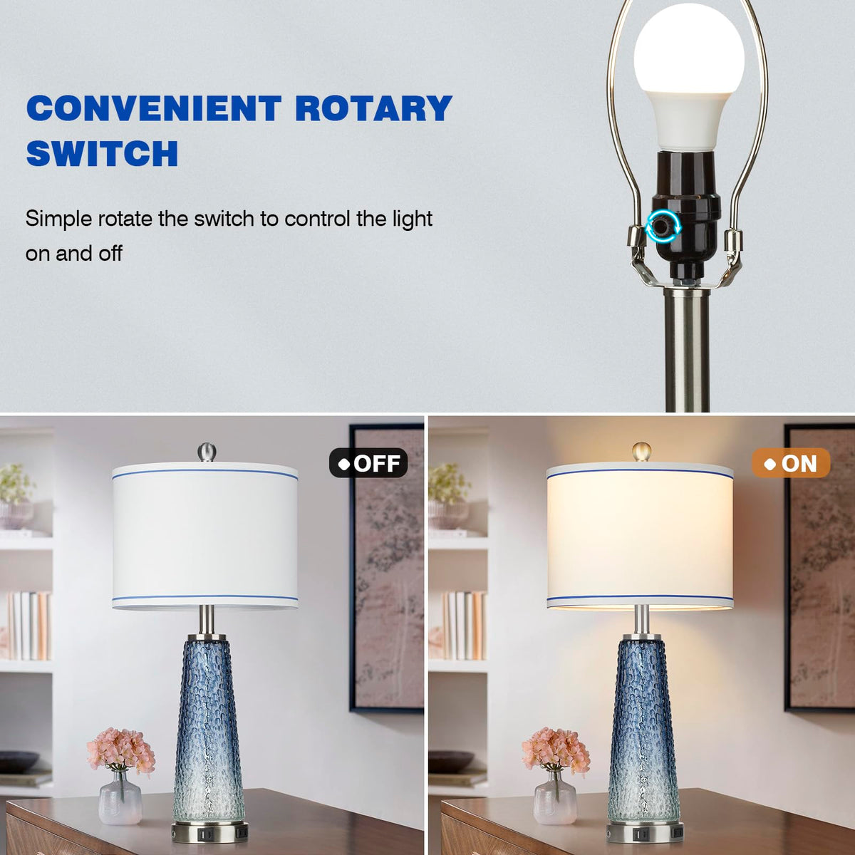 Lolikit 26" Coastal Table Lamp for Living Room, Nightstand Lamp for Bedroom