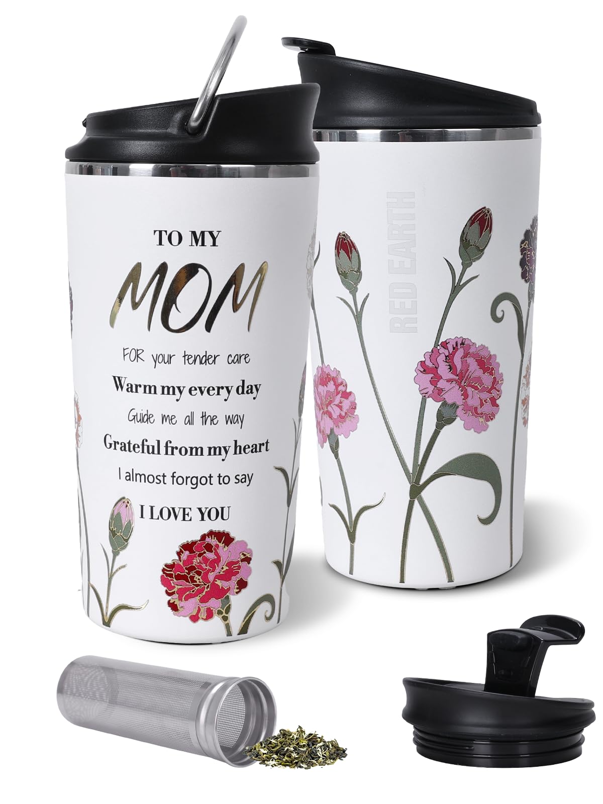 GiNT Mom Birthday Gift, 17oz Travel Tea Mug with Infuser, 2 Lids, 316L Stainless Steel Insulated Loose Leaf Tea Cup with Strainer, Leak-Resistant To-Go Mugs for Hot & Cold Brew Coffee(Raised Gold Foil
