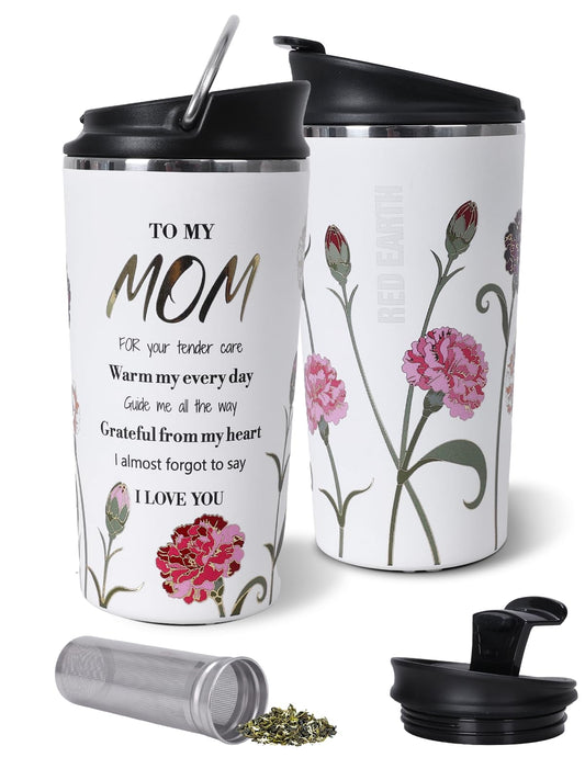 GiNT Mom Birthday Gift, 17oz Travel Tea Mug with Infuser, 2 Lids, 316L Stainless Steel Insulated Loose Leaf Tea Cup with Strainer, Leak-Resistant To-Go Mugs for Hot & Cold Brew Coffee(Raised Gold Foil