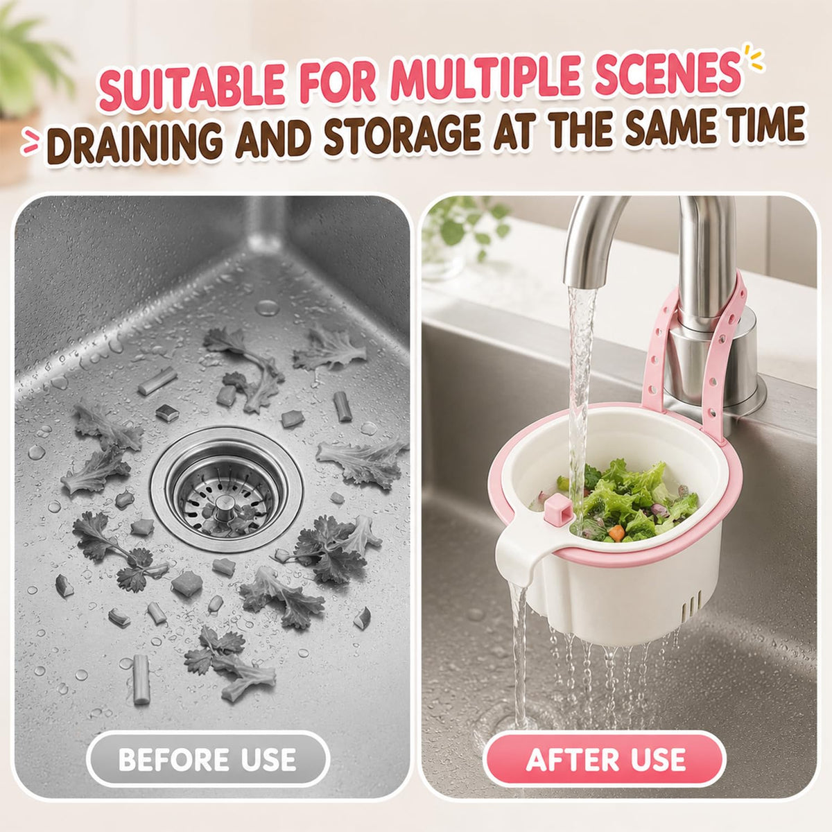 Sink Filter Basket, Kitchen Sink Strainer Basket with Self-Cleaning & One-Touch Press, Hanging Sink Drain Basket for Draining, Washing, Storage, 5.7x5.1x3.5 Inches (Green)