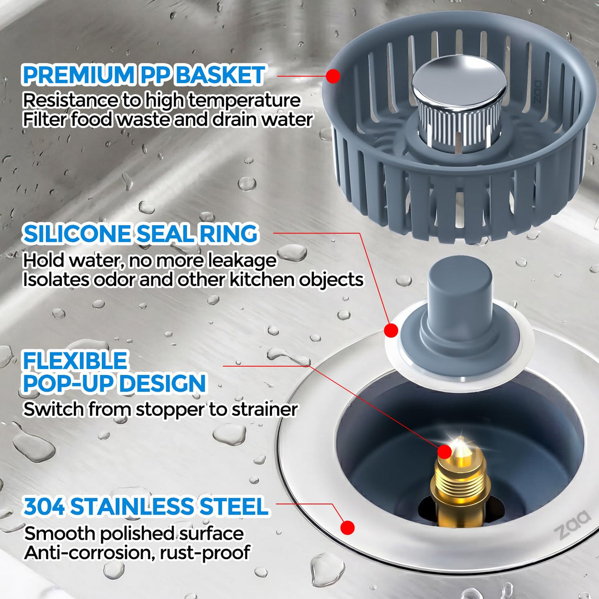 zaa 3 in 1 Kitchen Sink Drain Strainer Stopper Removable Basket Pop-Up