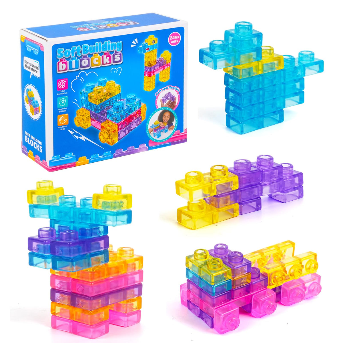 Hugrow 40 PCS Sensory Soft Building Blocks for Toddlers – Montessori Squishy Stacking Toy Set, Squeezable & Stretchable Early Learning Construction Playset, Creative Puzzle Blocks for Kids