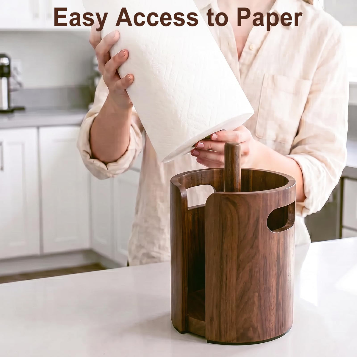 Acacia Wood Paper Towel Holder for Countertop with Splash Guard & Handles