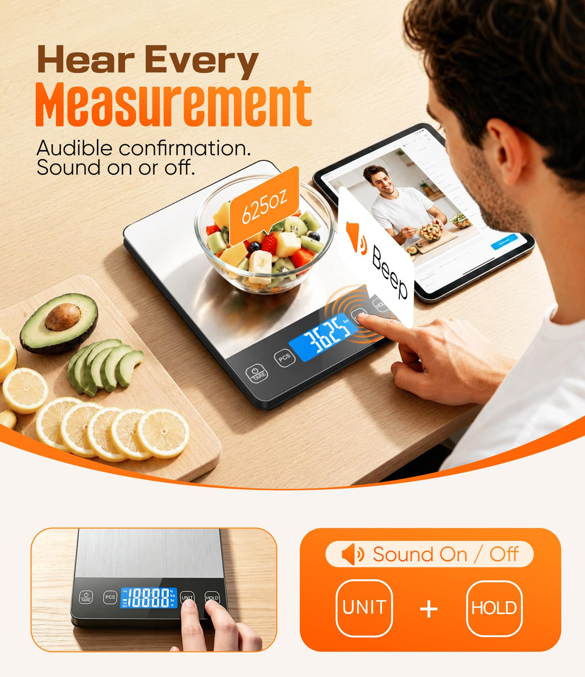 Food Scale 33 lb Capacity, Rechargeable Kitchen Scale with 7 Units