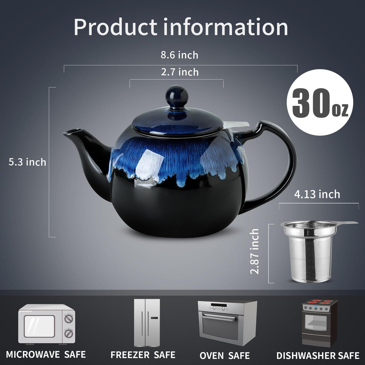 KOOV Tea Pot with Infuser for Loose Tea, 34OZ Ceramic Teapot with Infuser, Enough For 6 Cups, Tea Pots with Tea Strainers for Tea Party, Reactive Glaze (Nebula Blue)