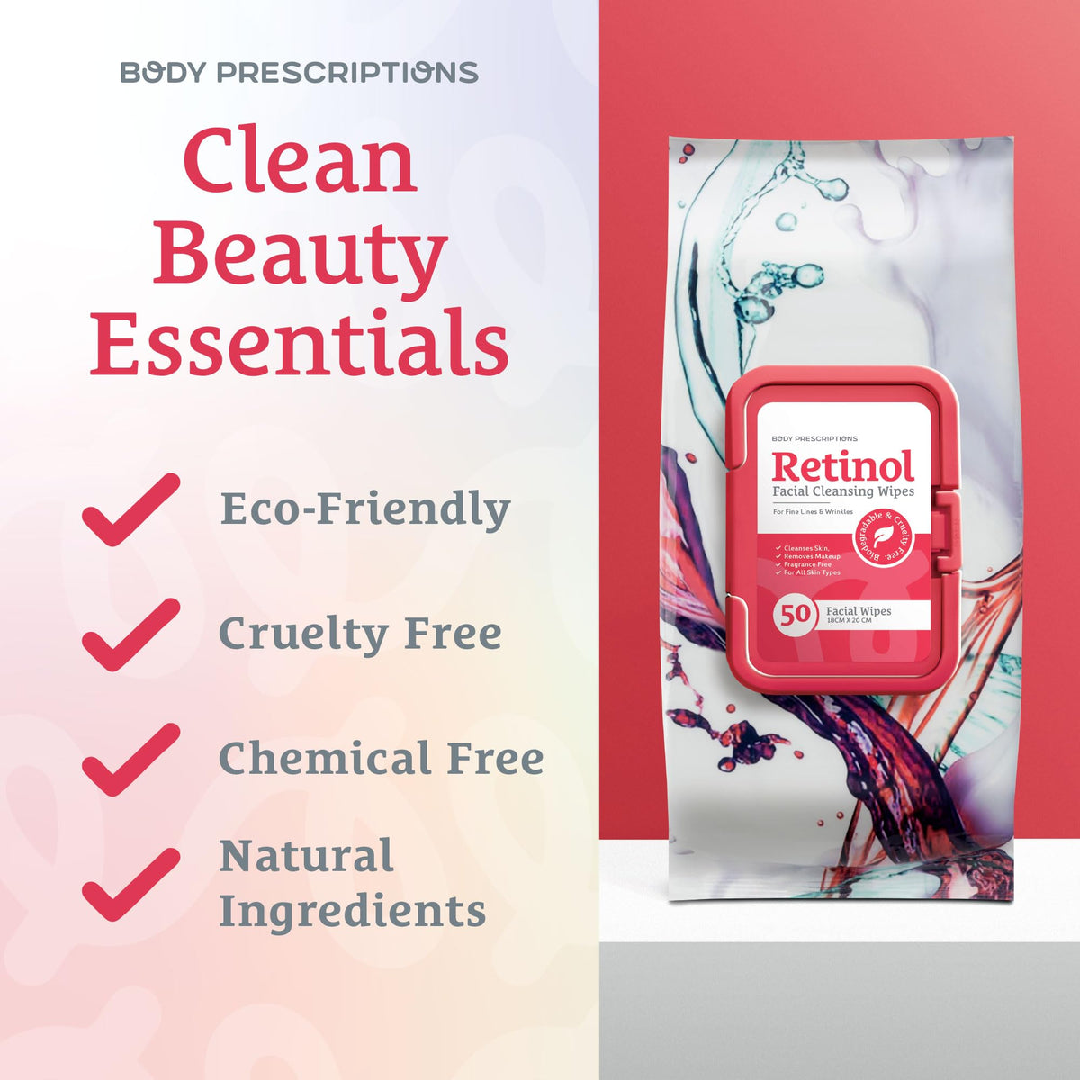 Body Prescription Makeup Cleansing Wipes - Gentle and Effective Face Wipes, 50 Count (Pack of 4), Retinol