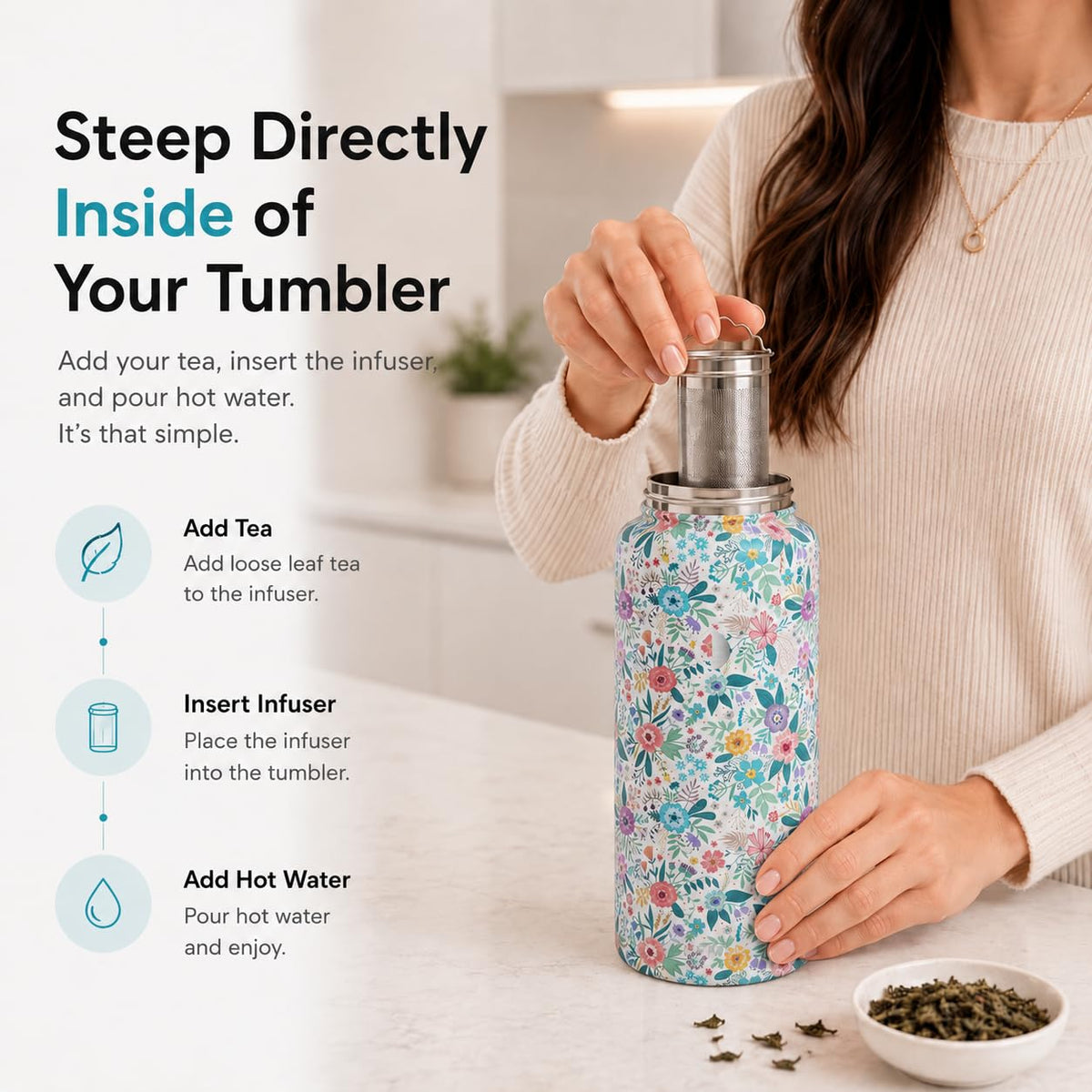 HEMLI 32 oz Ceramic Lined Tea Infuser Travel Tumbler, Micro-Mesh Stainless Steel Infuser, Pure Taste Ceramic Interior, Triple Insulated 12hr Hot Cold, Dual Sip & Straw Lid, Scratch-Resistant