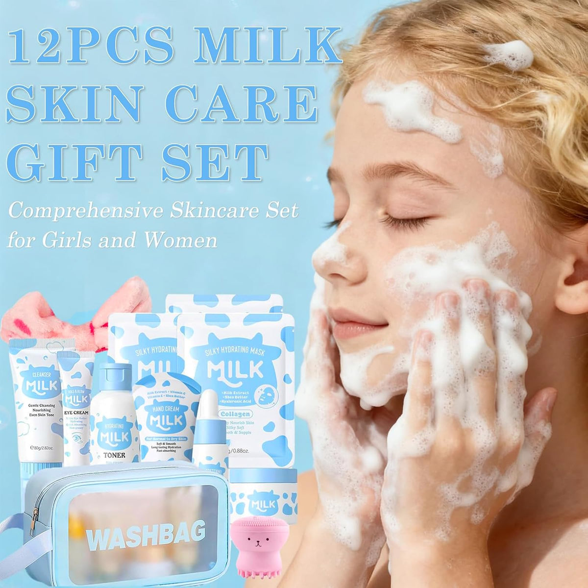 Milk Skin Care Set for Kids & Teens, 12 IN 1 Moisturizing & Gentle Milk Skin Care for Kids Girl Ages 8-12, Milk Skincare for Girls 10-12, Facial Care Gift Set for Kids & Girls, Birthday Gifts, 12PCS