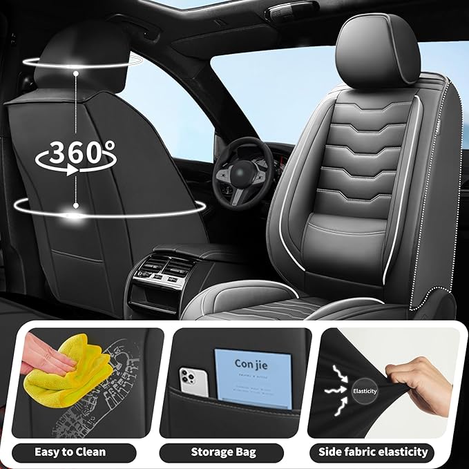 Fit Frontier Car Seat Covers Premium Leather for Nissan Frontier 2009-2025 2026. Waterproof， Breathable, Scratch-Resistant & All-Weather Seat Cushion Protector（Front Seat,White Line Black