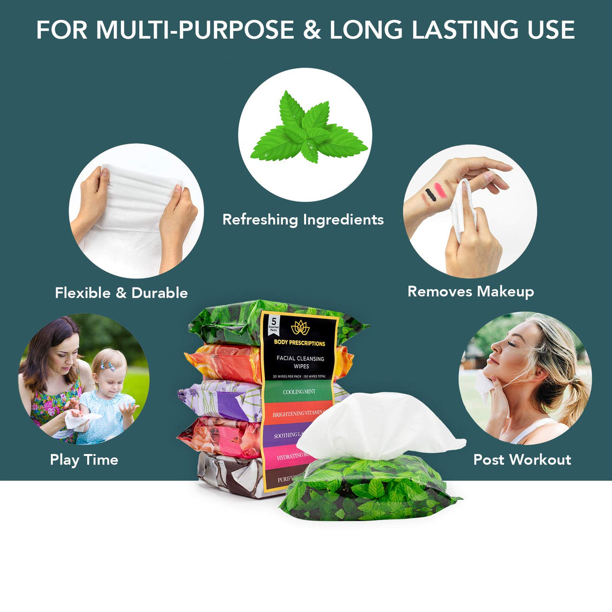 Body Prescriptions Makeup Remover Wipes - Bulk Pack, Gentle Cleansing Wipes for Easy Makeup Removal, Mint, Rosehip, Vitamin C, Lavender & Coconut