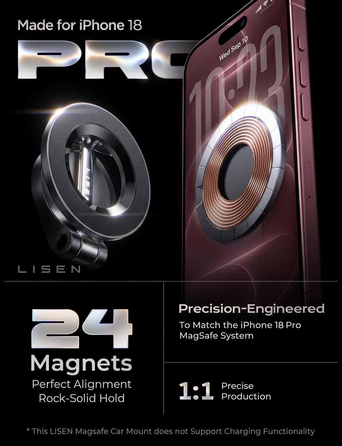 LISEN for MagSafe Car Mount for iPhone 18 Pro Max [24 Strong Magnets] Classic Magnetic Phone Holder for Car Dashboard Magnet Phone Mount Car Cell Phone Holder for iPhone 18 Pro Max 17 16 15 14 13 12