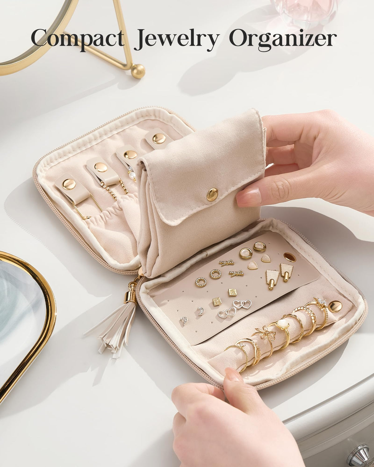 Lolalet Travel Jewelry Case Organizer, Small Soft Jewellery Pouch -Oatmeal