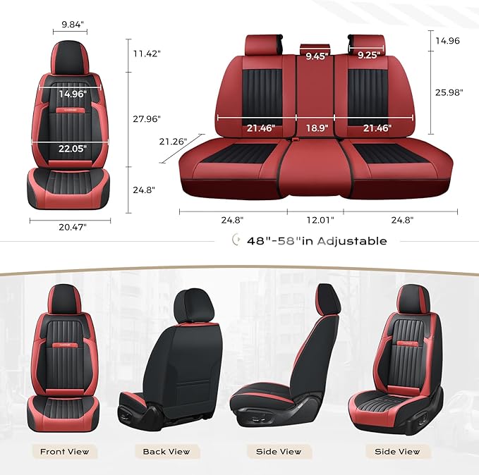 Coverado Car Seat Covers Full Set, Seat Covers for Cars, Car Seat Cover, Car Seat Protector, Leather Car Seat Cushion, Waterproof Car Seat Covers Front Seats and Back Fit for Most Cars(Red&Black)