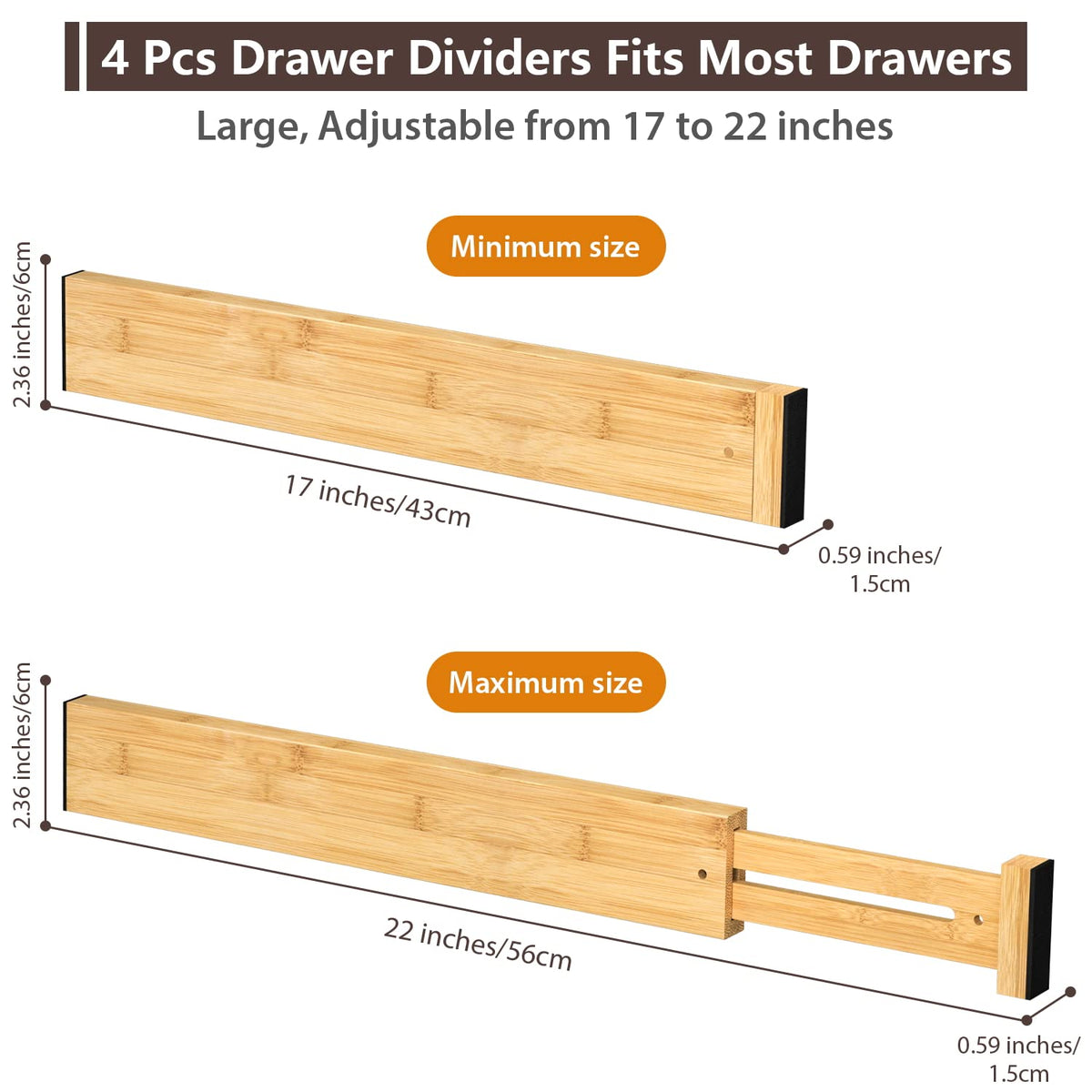 4 Pack Bamboo Drawer Dividers 17-22" Adjustable Kitchen Organizer, Natural