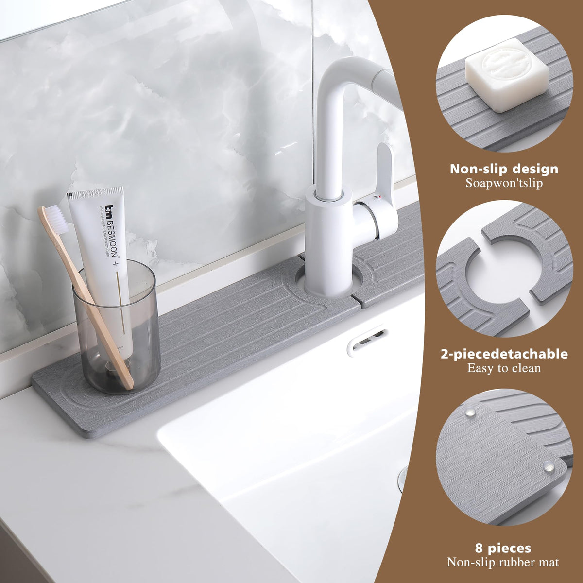 SUXLINA Diatomite Faucet Mat for Kitchen Sink, Quick-Dry Stone-Like Sink Mat, Flat Lay Absorbent Countertop Drying Mat for Faucet Area, Hard Diatomite Mat, Gray, 23.6 x 4 in