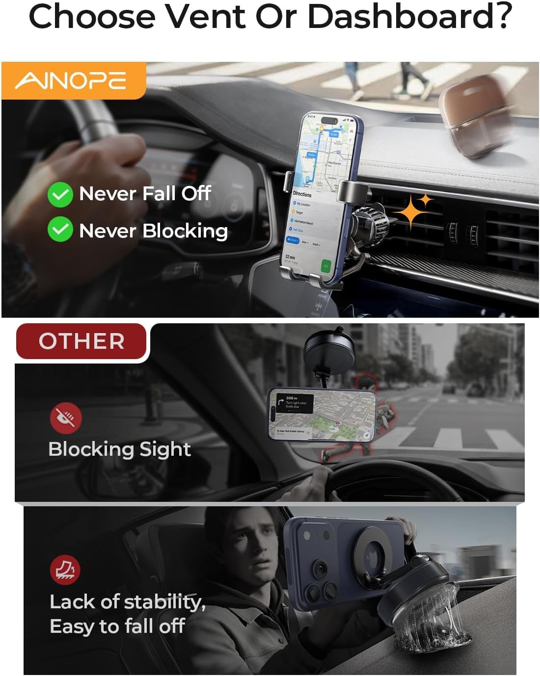 AINOPE Air Vent Phone Mount for Car [Drop-in Grip]Gravity Phone Holder for Car Vent Phone Mount for iPhone 18 Pro Max 17 16 15 Galaxy S26 S25, Universal Interior Accessories Gifts for Men Women, Black
