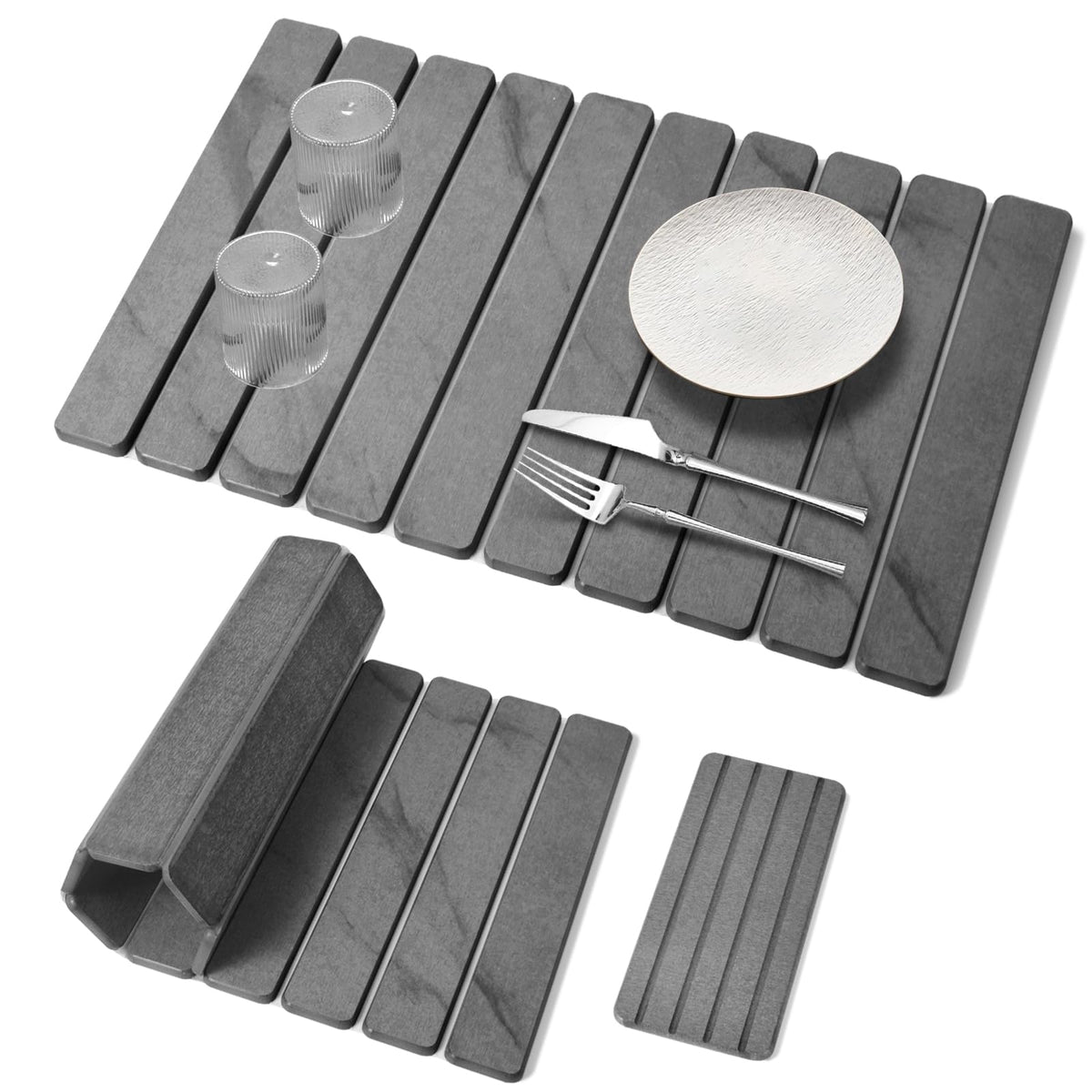 2 PCS Large Stone Dish Drying Mat for Kitchen Counter, 24"×16" Marble-Pattern Dish Drying Mat with 8"x 4" Coasters, Non - Slip Collapsible Absorbent Mat for Multi - Purpose, Match Any Countertop【Gray】