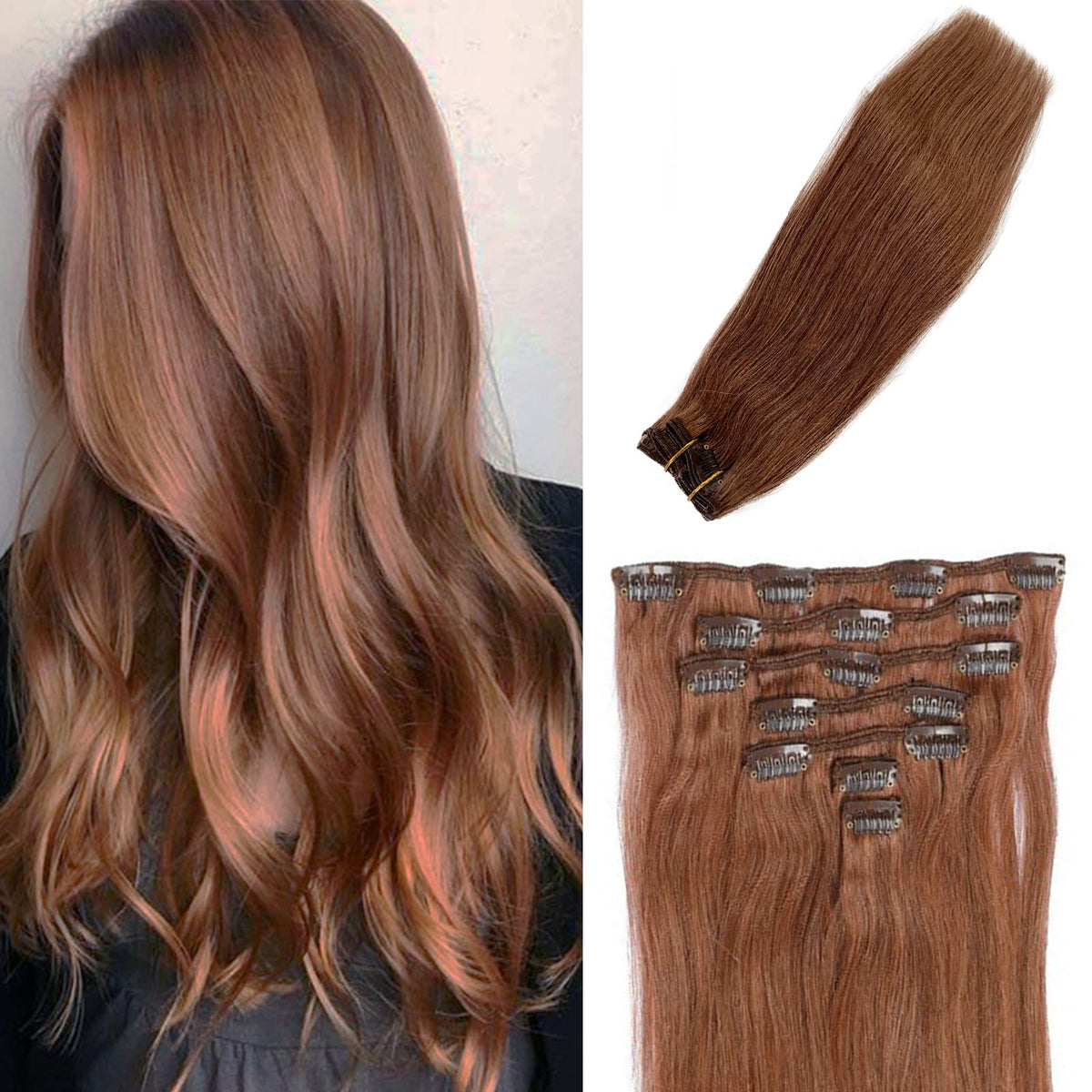 Auburn Hair Extensions Clip In Human Hair 15 Inch 70Grams Thick Full #30 Medium Auburn Clip On Hair Extensions Real Human Hair D