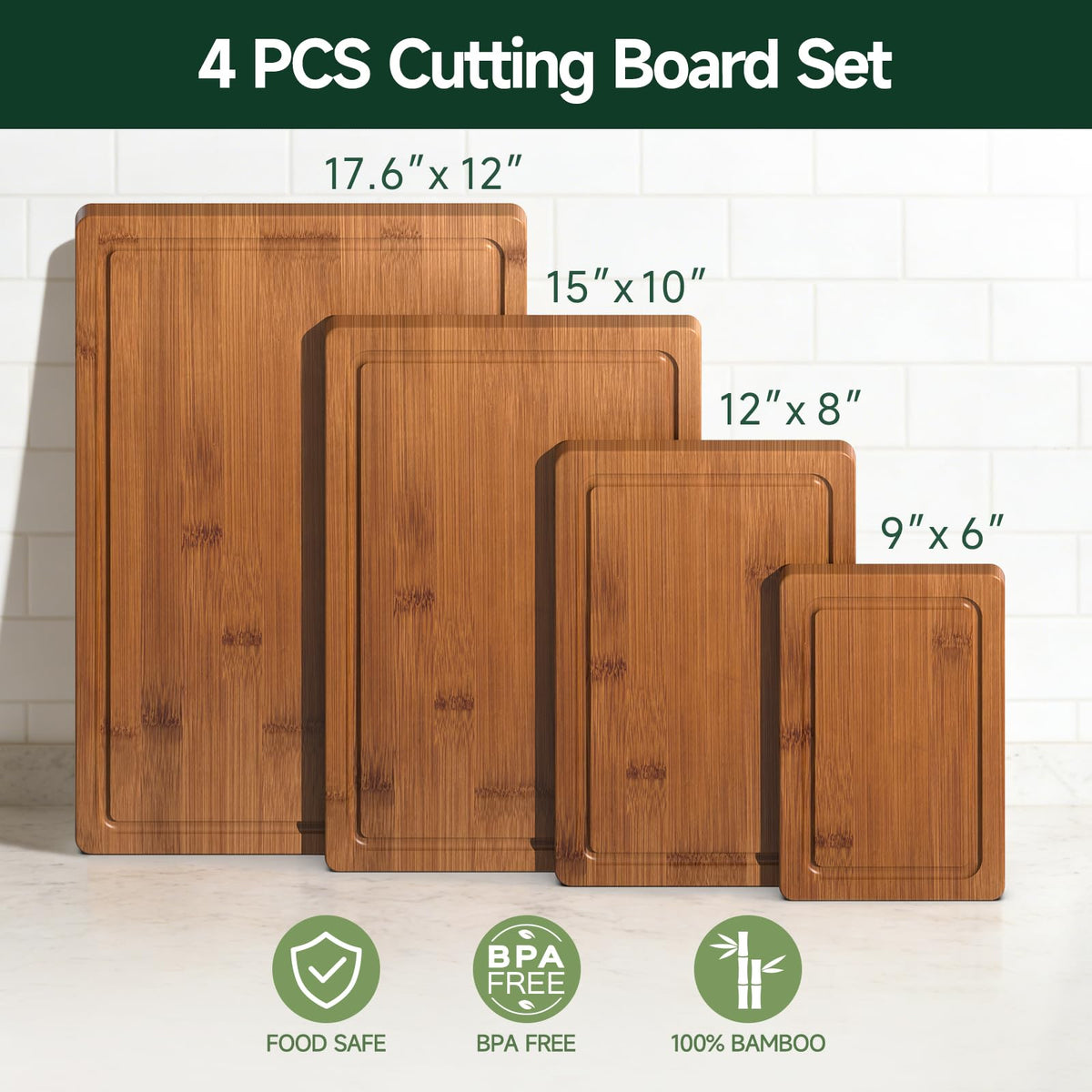 4-Piece Set Deep-Carbonized Bamboo Cutting Board for Kitchen, Carbonized