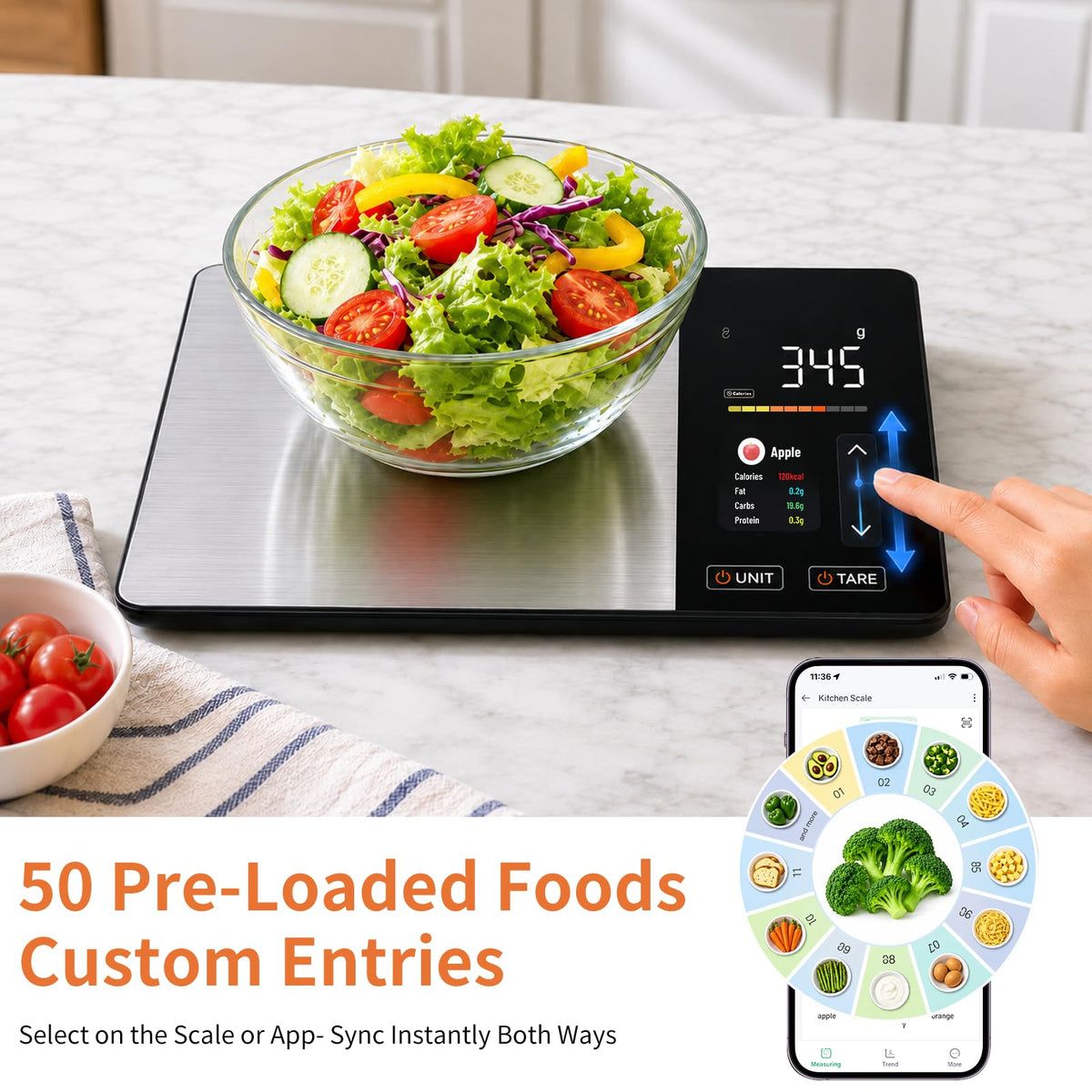 Smart Nutrition Kitchen Scale,Free APP Digital Scale Tracks Calories,Fat, Carbs,Protein,analyzes 24 nutrients,11lb max Load, gram/Ounce Conversion, Stainless Steel for Weight Loss, Baking & Meal prep.