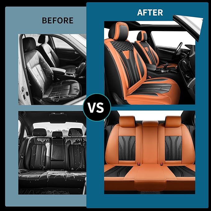 Fit Versa Car Seat Covers Compatible with Nissan Versa 2008-2025 2026 - Full Set Premium Leather， Waterproof Breathable， All-Weather Seat Cushion Protecto&Airbag Compatible （Orange&Black