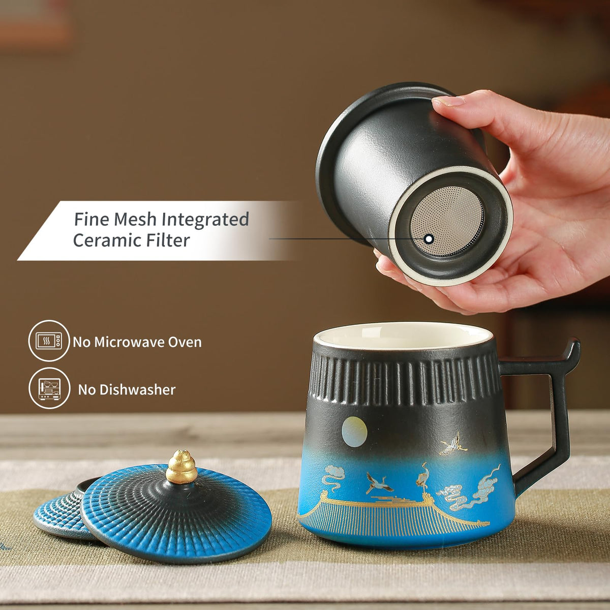 Coolpei Loose Leaf Tea Cup with Infuser and Lid, 14.8oz Chinese Ceramic Mug with Fine Mesh Strainer, Office Steeping Cup for Tea Lovers Gifts