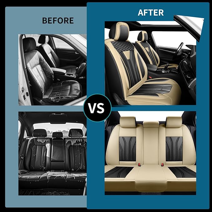 Fit Leaf Car Seat Covers Compatible with Nissan Leaf 2012-2025 2026 - Premium Leather， Waterproof Breathable， All-Weather Seat Cushion Protecto&Airbag Compatible (2 Front Seat Beige&Black)