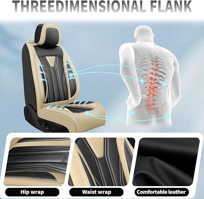 Fit Leaf Car Seat Covers Compatible with Nissan Leaf 2012-2025 2026 - Premium Leather， Waterproof Breathable， All-Weather Seat Cushion Protecto&Airbag Compatible (2 Front Seat Beige&Black)