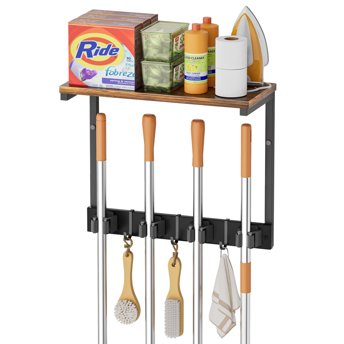 Olakee Broom Holder Wall Mount with Cleaning Supplies Organizer, Laundry Room Organization and Storage Shelves, Mop Hanger Broom Rack with Hooks, Home Improvement Kitchen Shelf Garage Organizer