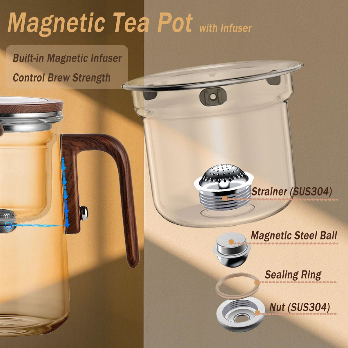 Enchanti Tea Pot Magic Teapot with Strainer Magnetic Glass Teapot