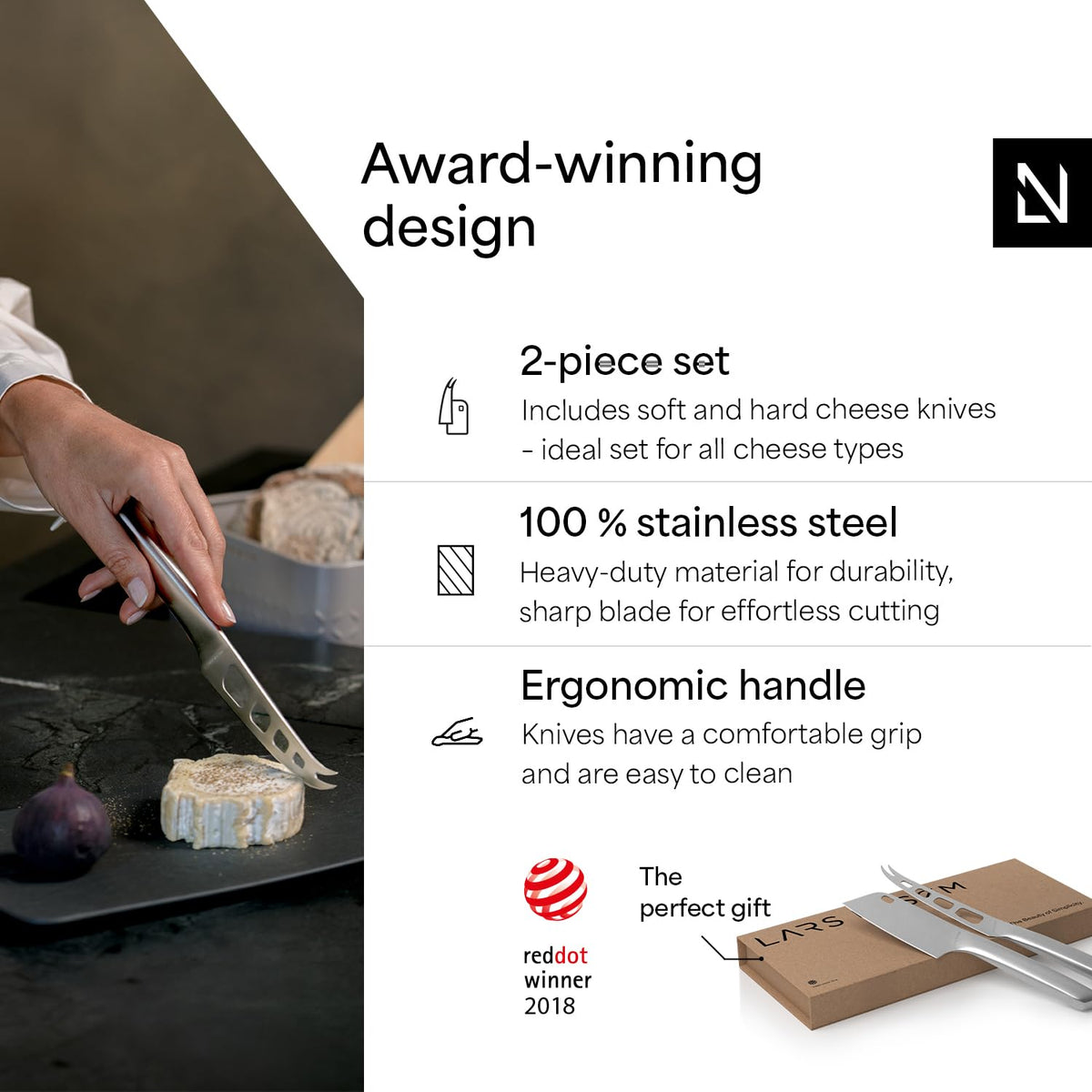 LARS NYSØM Cheese Knife Set Edge 2 pcs. I Cheese Knife Set Made of Stainless Steel I Premium Gift Box I Perfect as Christmas Gift (Stainless Steel)