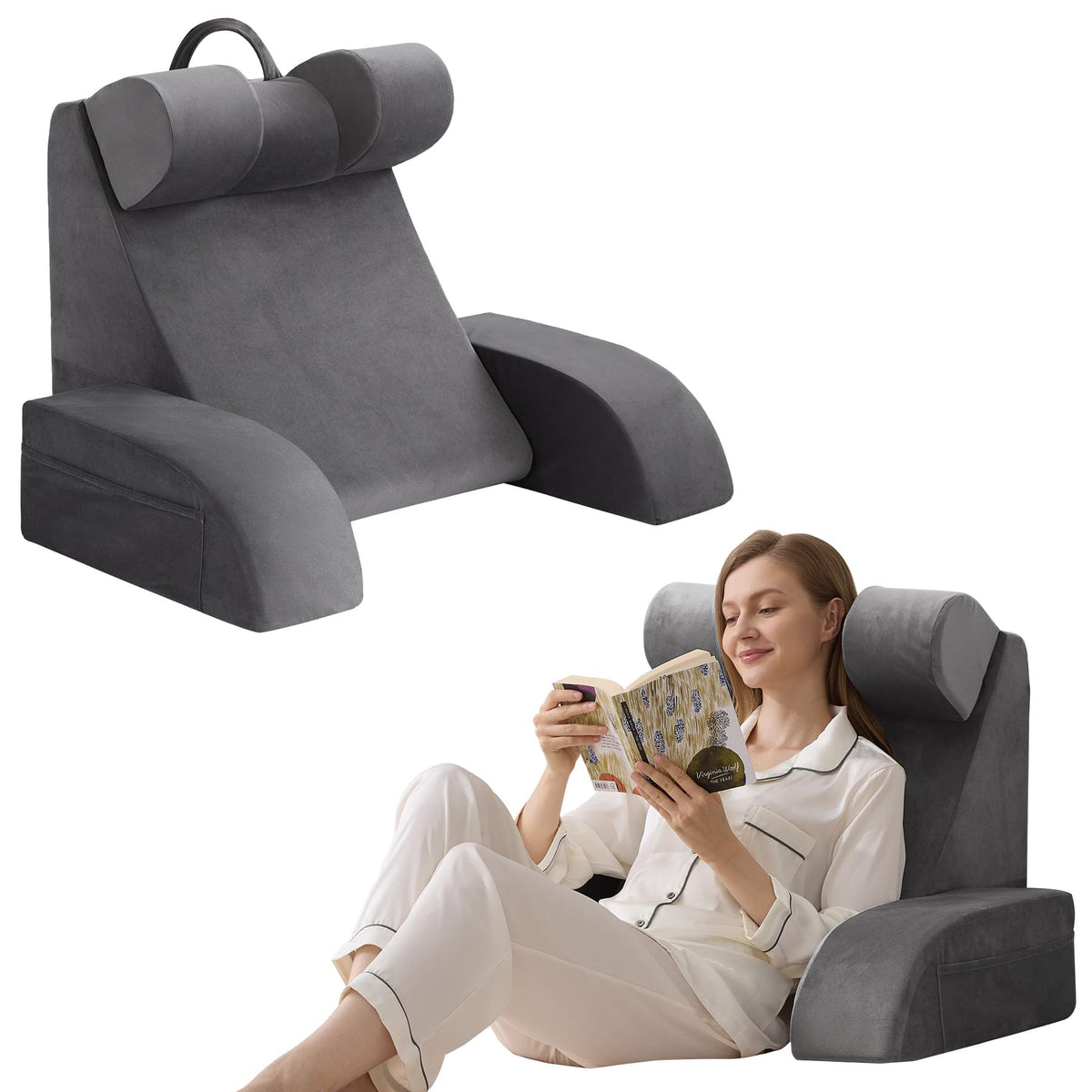 Velorose 19" Reading Pillow for Sitting Up in Bed, Flip-Up Headrest, Grey