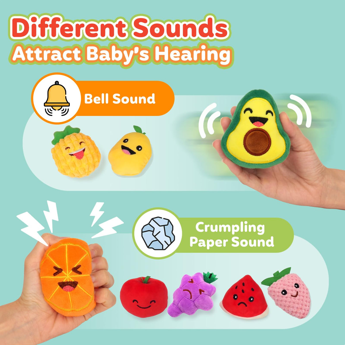 Sensory Toys for Kids, 8 Pack Mini Fruit Soft Stuffed Plush Toy for Girls or Boys as Party Decorations, Toddler Pretend Play Kitchen Food, Strawberry, Avocado, Pineapple and Orange