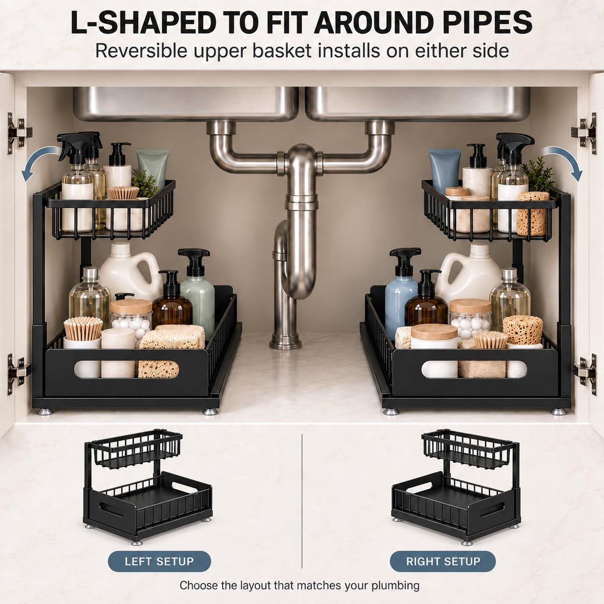 MERATIA Under Sink Organizer, 2-Tier Pull-Out Metal Drawer, 2 Pack