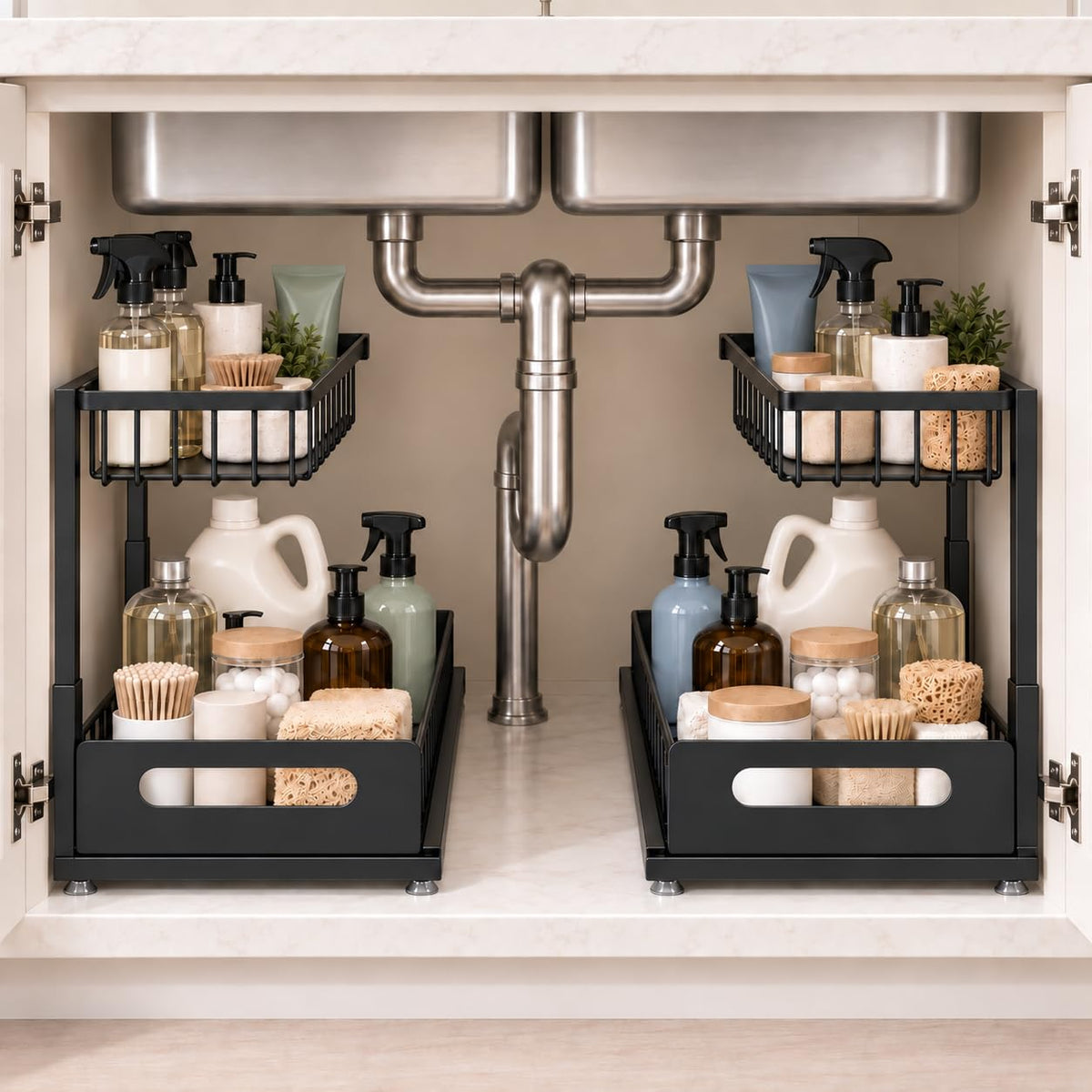 MERATIA Under Sink Organizer, 2-Tier Pull-Out Metal Drawer, 2 Pack