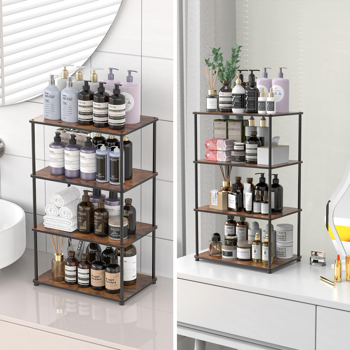OneAhead Design Countertop Spice Rack, Stackable Wood & Metal Pantry Cabinet Shelf Organizer Storage, 4-Tier or Split into 2×2-Tier, Multi-Use for Kitchen Bathroom Desktop Home Office, Rustic Brown