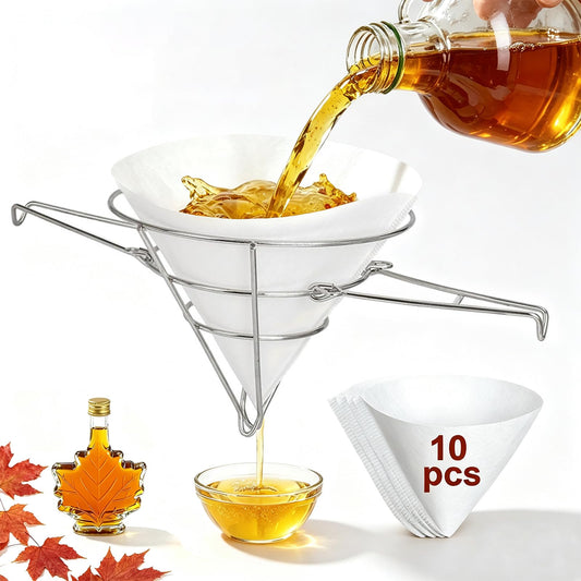 Maple Syrup Filter Holder with 10 Pcs Filter Paper, Oil Strainer with Stand