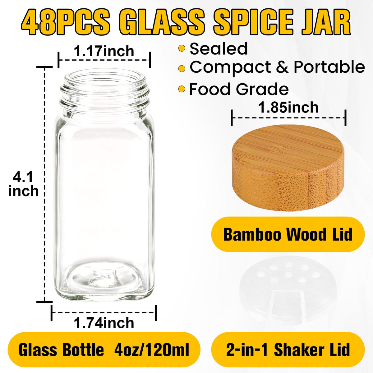 48PCS Spice Jars with Label, 4oz Glass Seasoning Containers with Bamboo Lid
