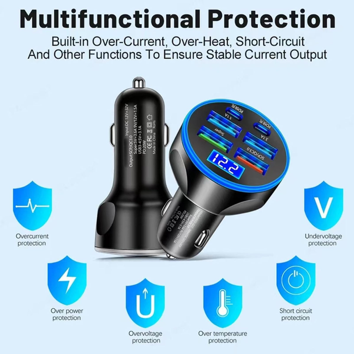 Super Fast Charge USB C Car Phone Charger Adapter 6 in 1 with Voltage Display 250W Multi Port Cigarette Lighter USB Charge for iPhone 18 17 16 15 14 13 12 11 Samsung Galaxy Huawei Oneplus Oppo Vivo