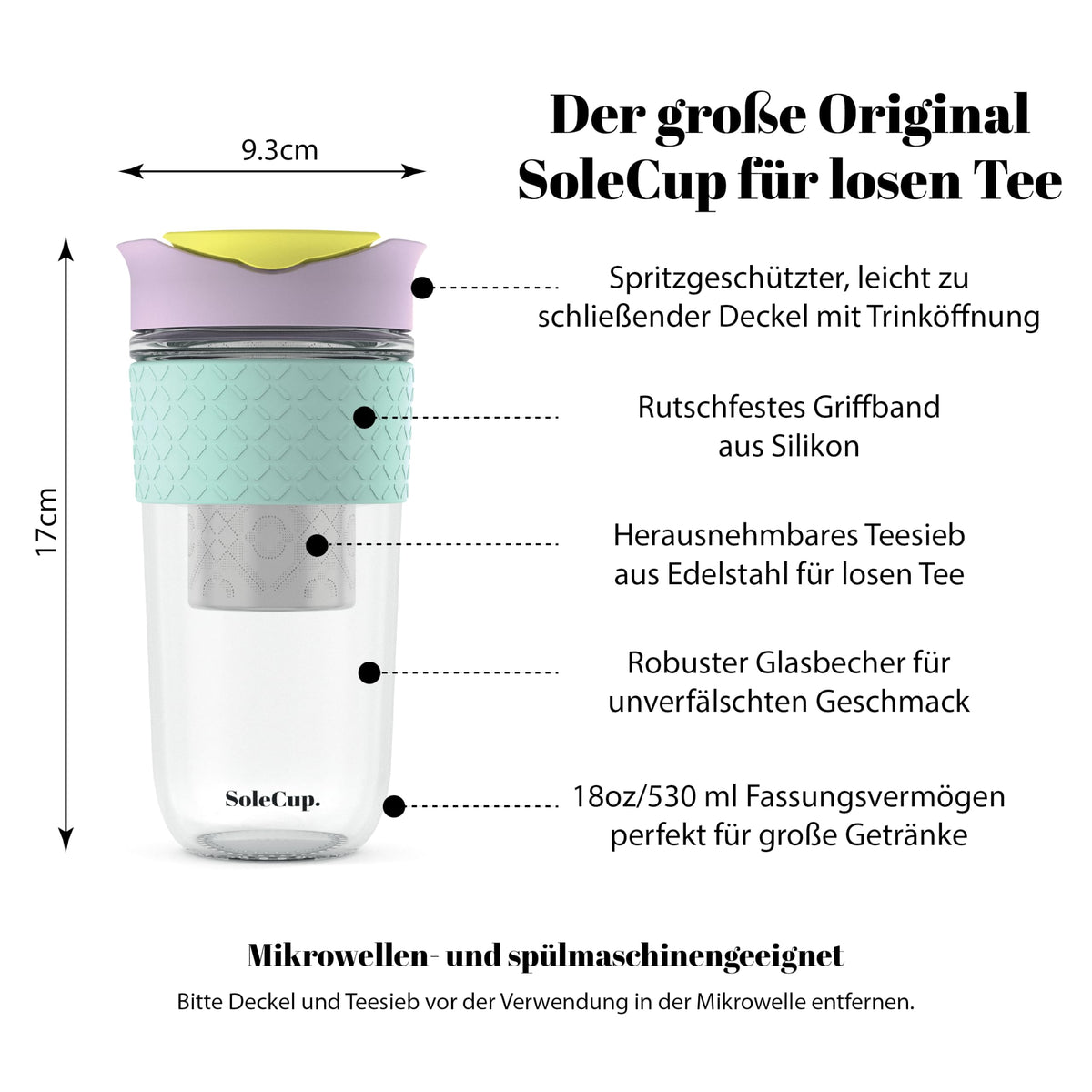 SoleCup. Large Travel Mug Loose Tea Infuser - Detachable Tea Strainer with Spill Proof Lid - 18oz/530ml BPA-Free Reusable Glass Travel Coffee Cup with Silicone Band (Ice Cream, 18oz)