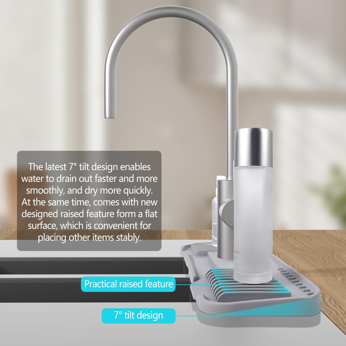 Silicone Faucet Mat, EK-Memory-fish Kitchen Faucet Mat Silicone Faucet Drip Catcher with Cuttable Circular Central for Kitchen Sink, Tailor-Made for Faucets with Deck Plate【Light Grey】