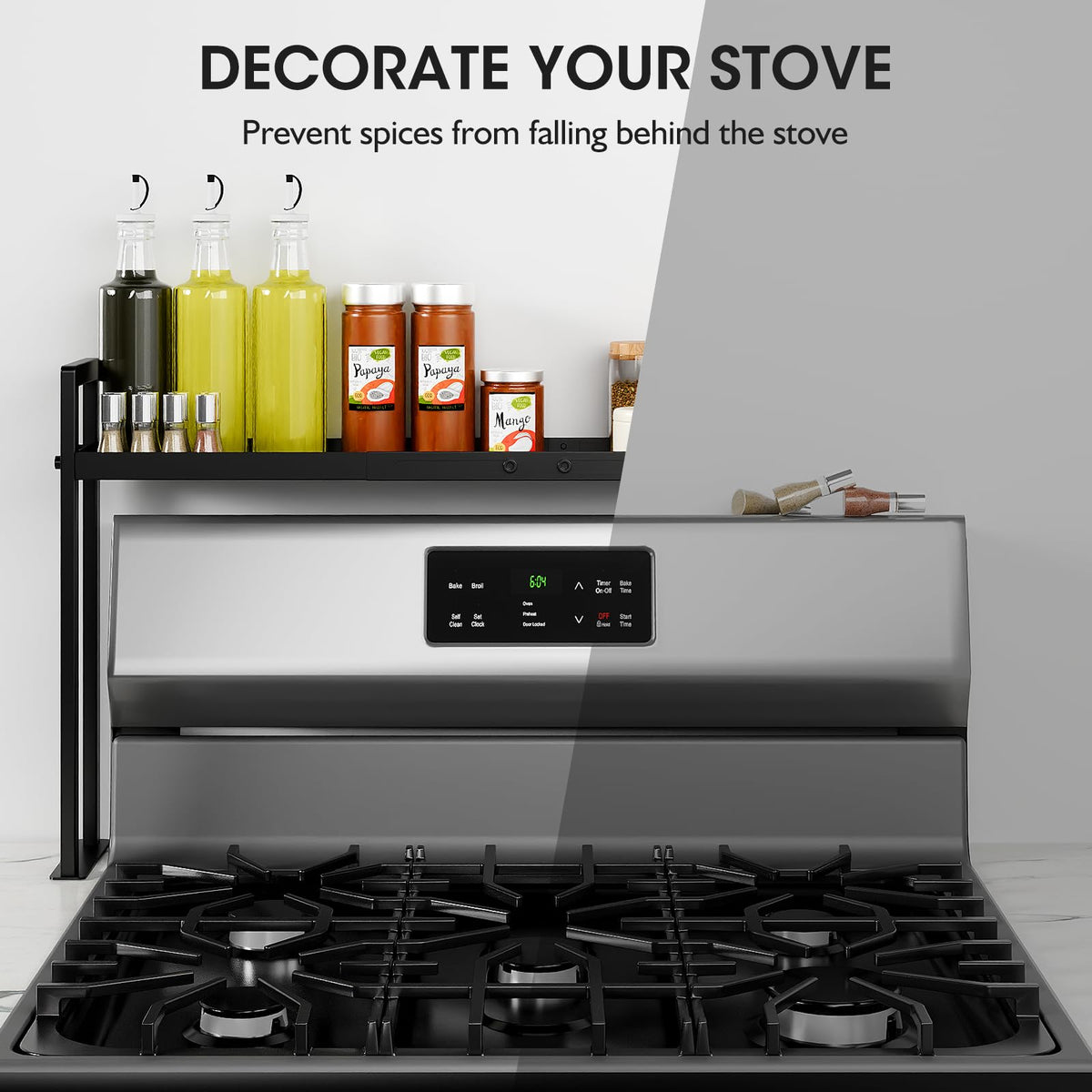 Bumusty Adjustable Stove Top Shelf, 4-Level Spice Rack, Black