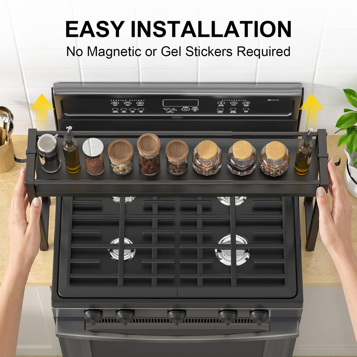 ThreeHio Expandable Spice Rack Shelf for Kitchen Stove, Over the Stove Shelf with 2 Hooks, Adjustable Height Metal Stove Top Shelf Organizer, Kitchen Countertop Seasoning Storage Organization, Black